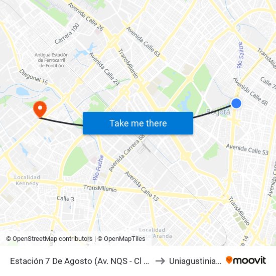 Estación 7 De Agosto (Av. NQS - Cl 63f) to Uniagustiniana map
