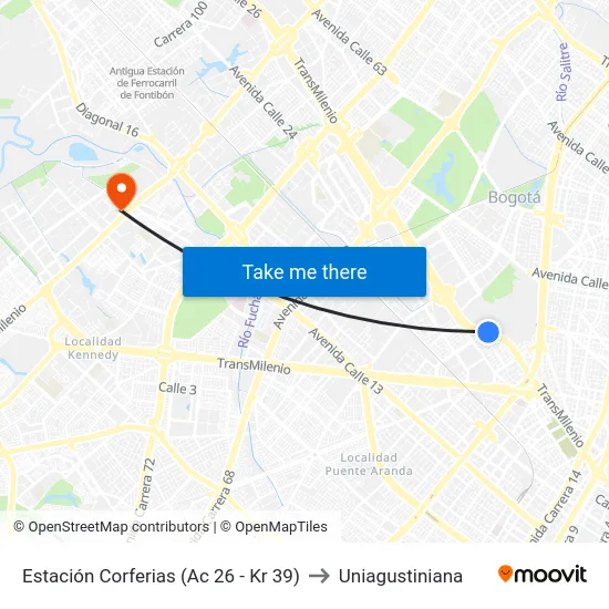 Estación Corferias (Ac 26 - Kr 39) to Uniagustiniana map