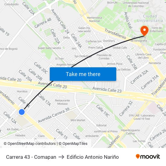 Carrera 43 - Comapan to Edificio Antonio Nariño map