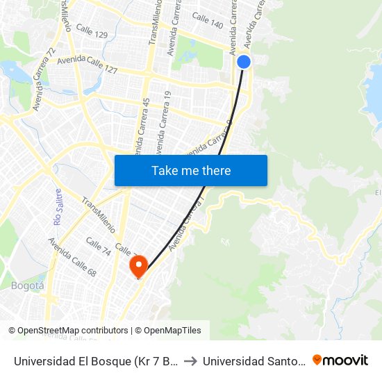 Universidad El Bosque (Kr 7 Bis - Cl 131) to Universidad Santo Tomás map