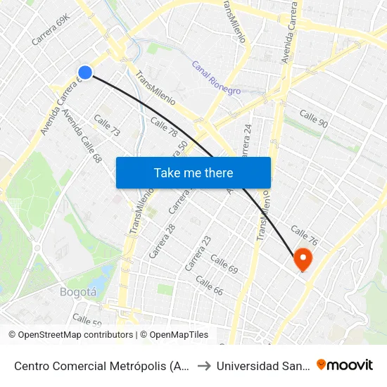 Centro Comercial Metrópolis (Ak 68 - Cl 75a) (C) to Universidad Santo Tomás map