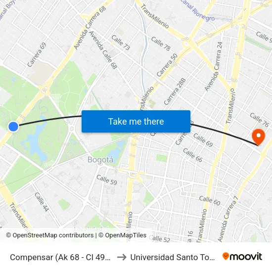 Compensar (Ak 68 - Cl 49) (D) to Universidad Santo Tomás map