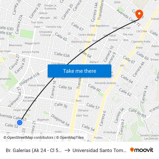 Br. Galerías (Ak 24 - Cl 52) to Universidad Santo Tomás map
