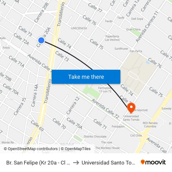 Br. San Felipe (Kr 20a - Cl 74) to Universidad Santo Tomás map