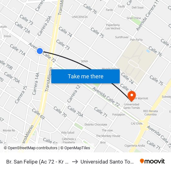 Br. San Felipe (Ac 72 - Kr 17) to Universidad Santo Tomás map