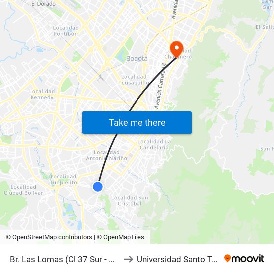 Br. Las Lomas (Cl 37 Sur - Kr 12a) to Universidad Santo Tomás map