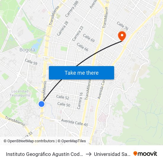 Instituto Geográfico Agustín Codazzi (Av. NQS - Cl 48) to Universidad Santo Tomás map