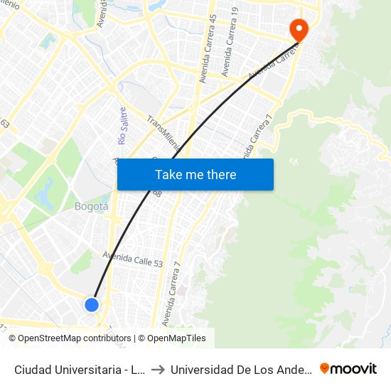 Ciudad Universitaria - Lotería De Bogotá to Universidad De Los Andes -Práctica Médica map