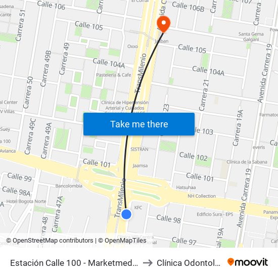 Estación Calle 100 - Marketmedios (Auto Norte - Cl 98) to Clínica Odontologica Jasban map