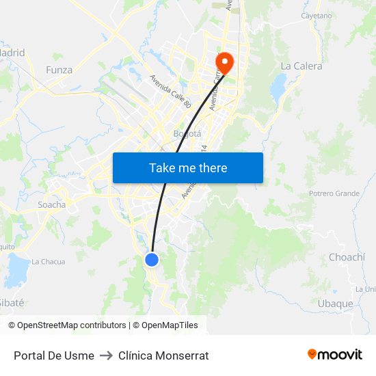 Portal De Usme to Clínica Monserrat map