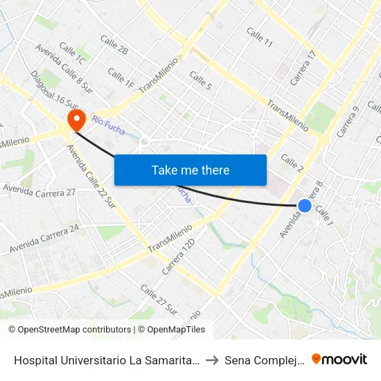Hospital Universitario La Samaritana (Kr 8 - Cl 0 Sur) to Sena Complejo Del Sur map