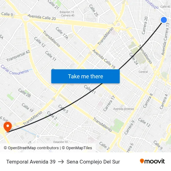 Temporal Avenida 39 to Sena Complejo Del Sur map