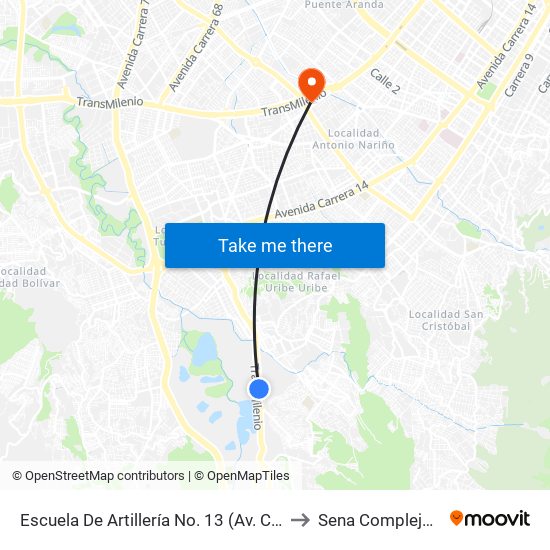 Escuela De Artillería No. 13 (Av. Caracas - Tv 5d) to Sena Complejo Del Sur map