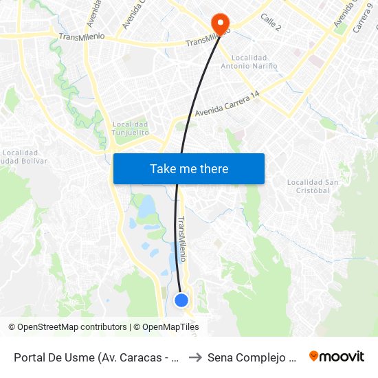 Portal De Usme (Av. Caracas - Cl 64 Sur) to Sena Complejo Del Sur map