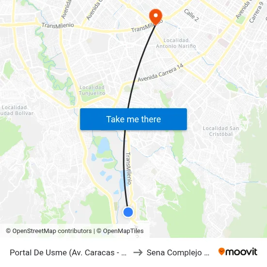 Portal De Usme (Av. Caracas - Cl 64 Sur) to Sena Complejo Del Sur map