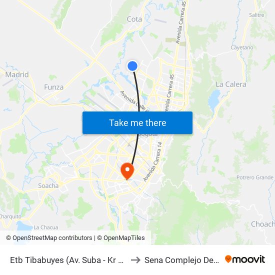 Etb Tibabuyes (Av. Suba - Kr 114g) to Sena Complejo Del Sur map