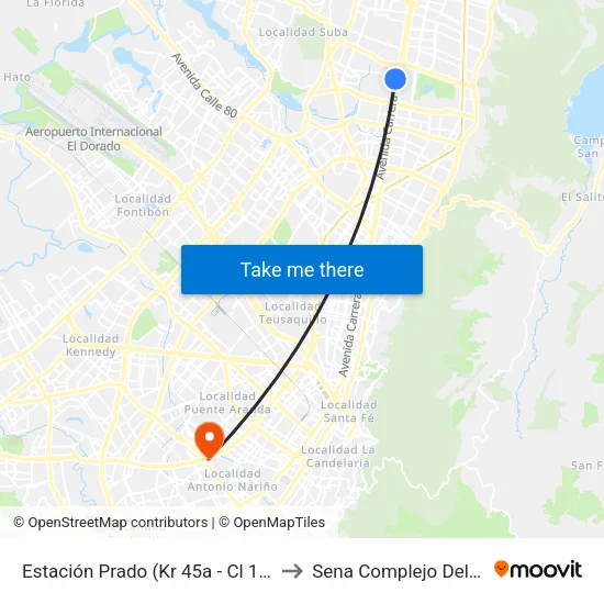 Estación Prado (Kr 45a - Cl 128b) to Sena Complejo Del Sur map