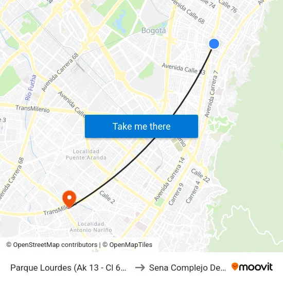 Parque Lourdes (Ak 13 - Cl 63a) (B) to Sena Complejo Del Sur map