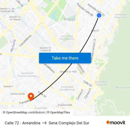 Calle 72 - Areandina to Sena Complejo Del Sur map