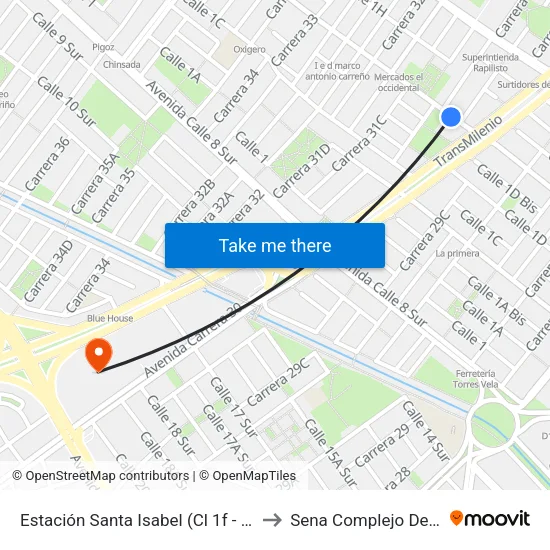 Estación Santa Isabel (Cl 1f - Kr 31) to Sena Complejo Del Sur map