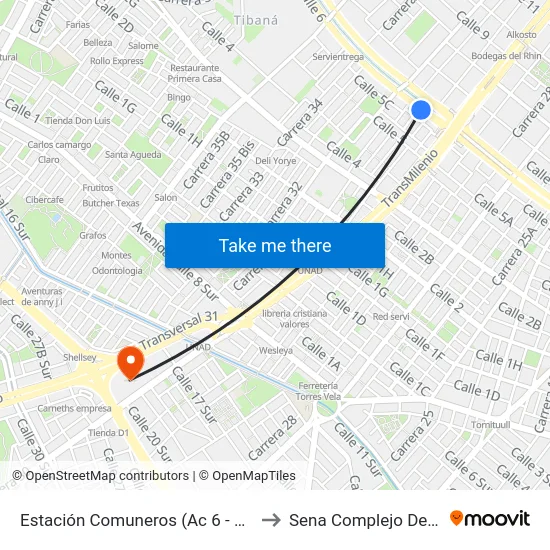 Estación Comuneros (Ac 6 - Ak 30) to Sena Complejo Del Sur map