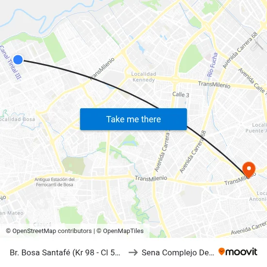 Br. Bosa Santafé (Kr 98 - Cl 56g Sur) to Sena Complejo Del Sur map