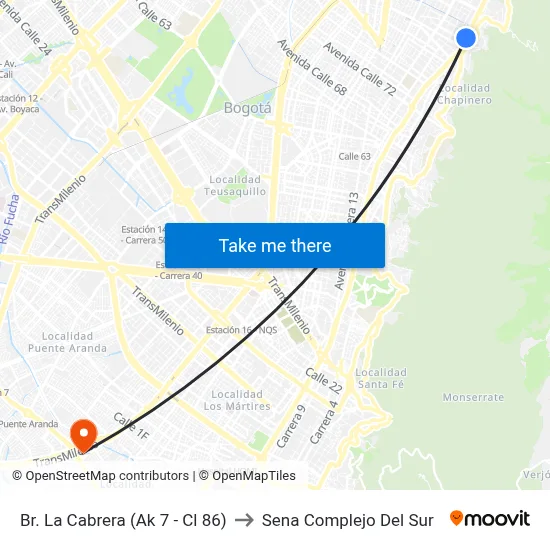 Br. La Cabrera (Ak 7 - Cl 86) to Sena Complejo Del Sur map