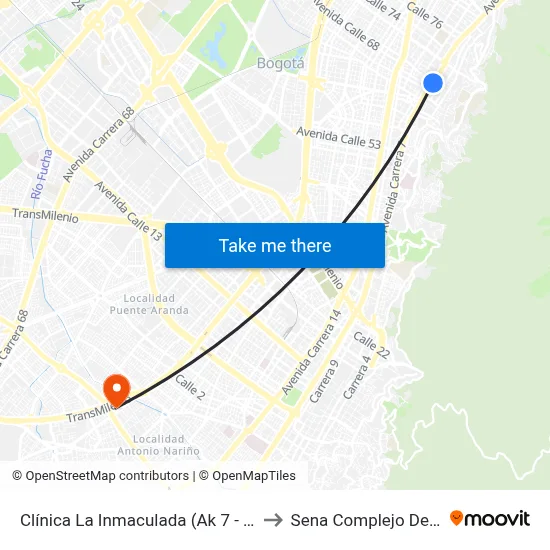 Clínica La Inmaculada (Ak 7 - Cl 68) to Sena Complejo Del Sur map