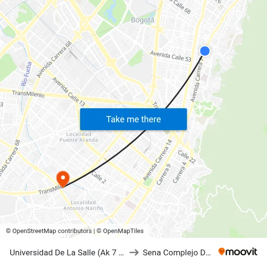 Universidad De La Salle (Ak 7 - Cl 58) to Sena Complejo Del Sur map