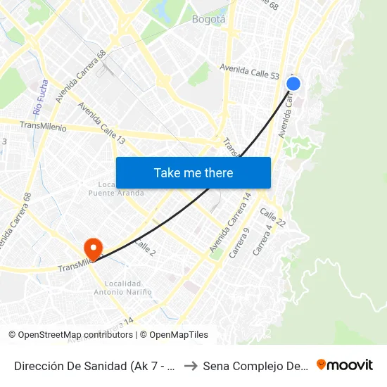 Dirección De Sanidad (Ak 7 - Cl 52) to Sena Complejo Del Sur map