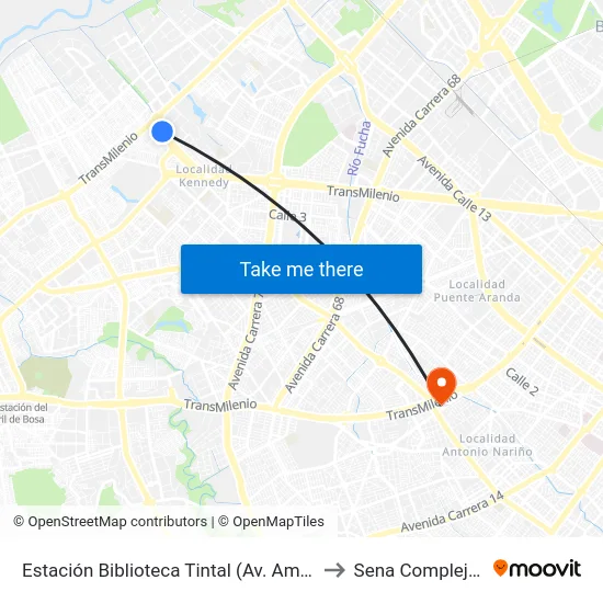 Estación Biblioteca Tintal (Av. Américas - Kr 82) (A) to Sena Complejo Del Sur map
