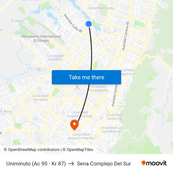 Uniminuto (Ac 90 - Kr 87) to Sena Complejo Del Sur map