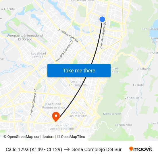 Calle 129a (Kr 49 - Cl 129) to Sena Complejo Del Sur map