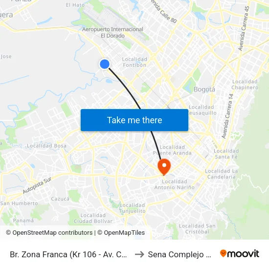 Br. Zona Franca (Kr 106 - Av. Centenario) to Sena Complejo Del Sur map