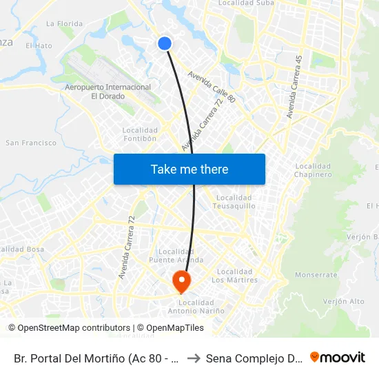 Br. Portal Del Mortiño (Ac 80 - Kr 112a) to Sena Complejo Del Sur map