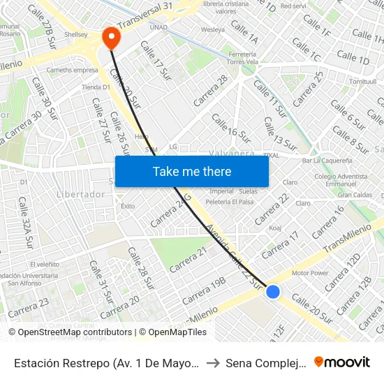 Estación Restrepo (Av. 1 De Mayo - Av. Caracas) (A) to Sena Complejo Del Sur map
