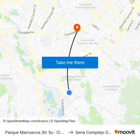 Parque Marruecos (Kr 5u - Cl 49c Sur) to Sena Complejo Del Sur map