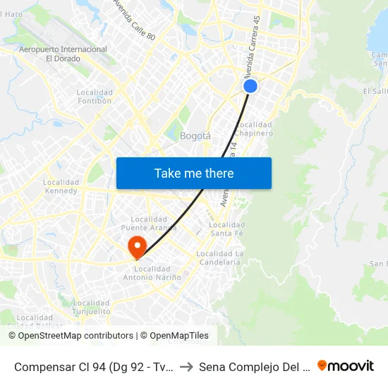 Compensar Cl 94 (Dg 92 - Tv 20) to Sena Complejo Del Sur map