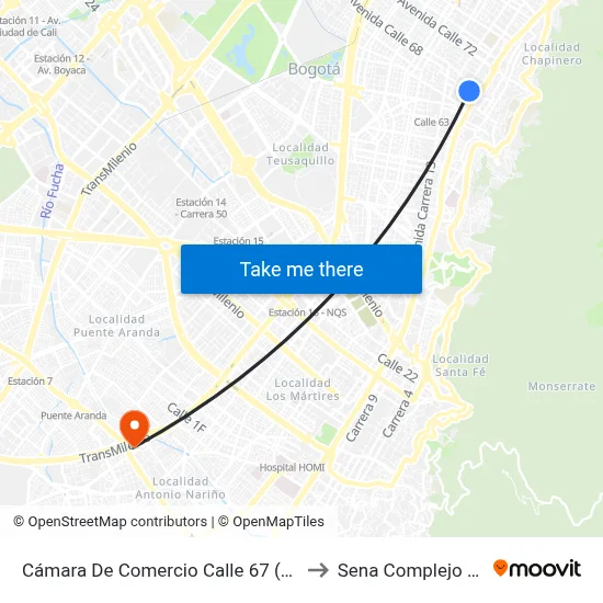 Cámara De Comercio Calle 67 (Cl 67 - Kr 8) to Sena Complejo Del Sur map