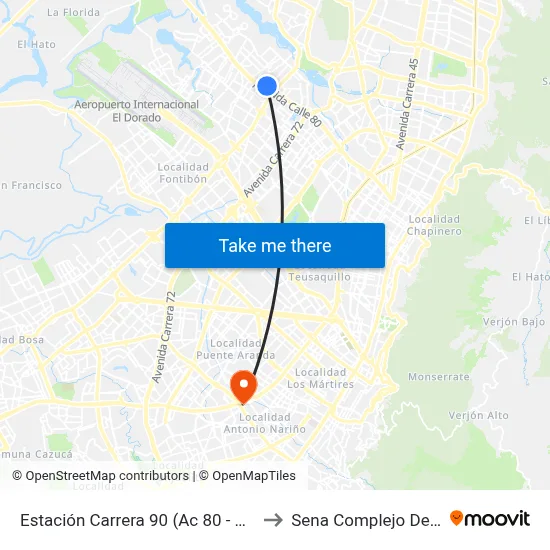 Estación Carrera 90 (Ac 80 - Kr 89a) to Sena Complejo Del Sur map