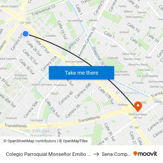 Colegio Parroquial Monseñor Emilio De Brigard (Cl 28 Sur - Kr 52b) to Sena Complejo Del Sur map