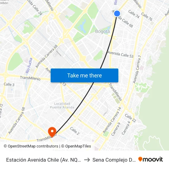 Estación Avenida Chile (Av. NQS - Cl 70) to Sena Complejo Del Sur map