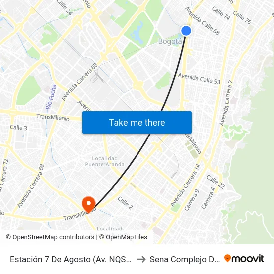 Estación 7 De Agosto (Av. NQS - Cl 63g) to Sena Complejo Del Sur map