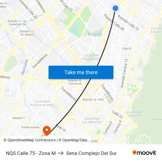 NQS Calle 75 - Zona M to Sena Complejo Del Sur map