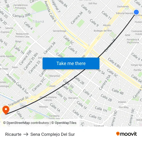 Ricaurte to Sena Complejo Del Sur map