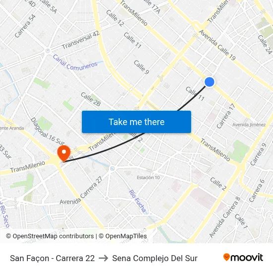 San Façon - Carrera 22 to Sena Complejo Del Sur map