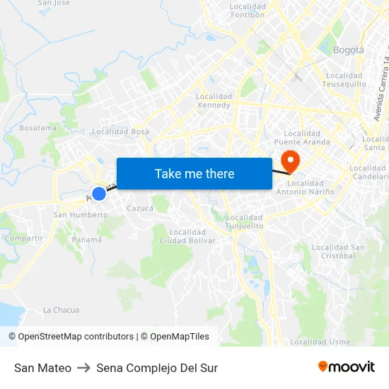 San Mateo to Sena Complejo Del Sur map