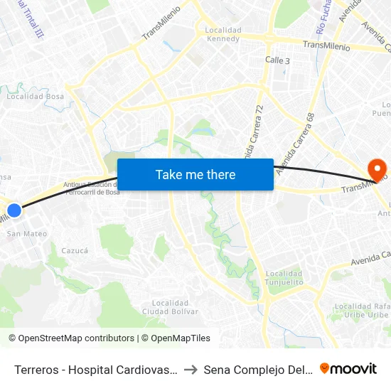 Terreros - Hospital Cardiovascular to Sena Complejo Del Sur map