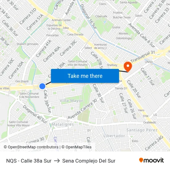 NQS - Calle 38a Sur to Sena Complejo Del Sur map