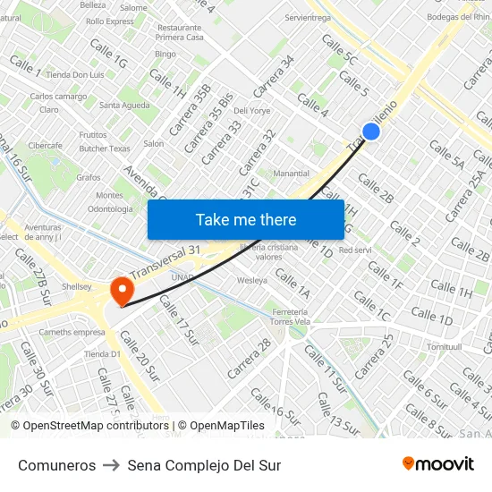 Comuneros to Sena Complejo Del Sur map